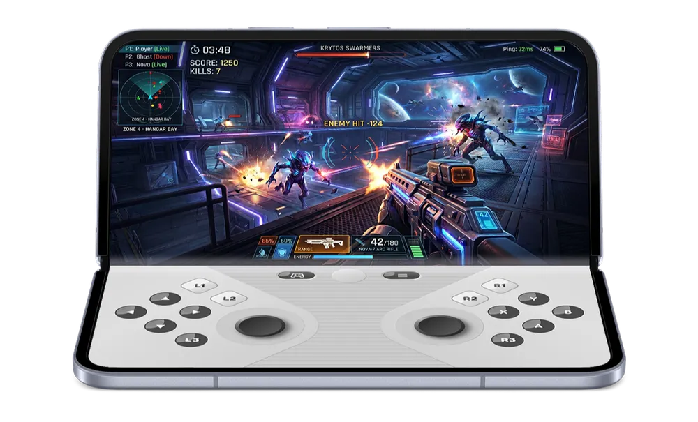 Android 17 foldable gaming mode with gameplay on top and touch controls below