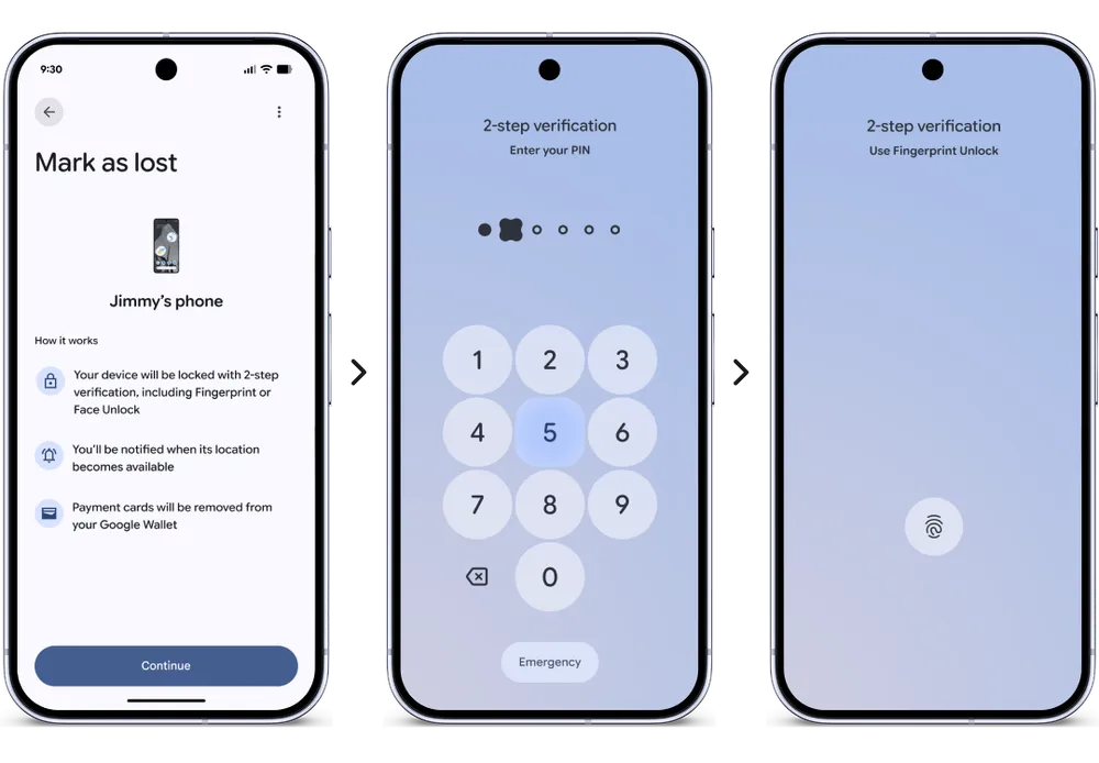 Android 17 Mark as Lost setup with PIN and fingerprint verification in Find Hub