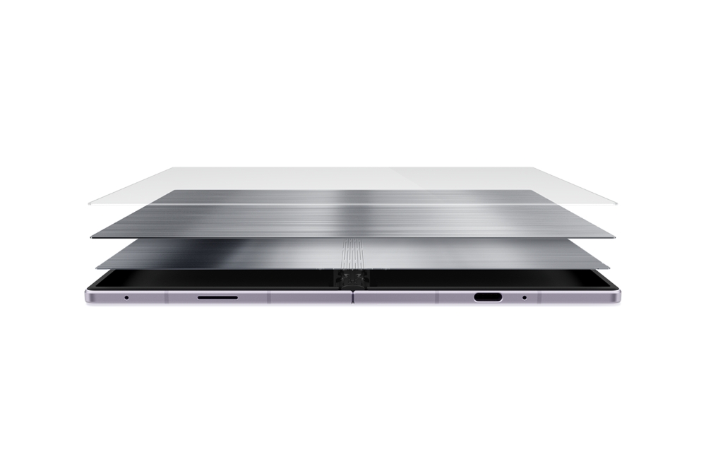 Diagram of Samsung's Flex Titanium display structure, showing the titanium-alloy film and titanium plate beneath the foldable OLED panel
