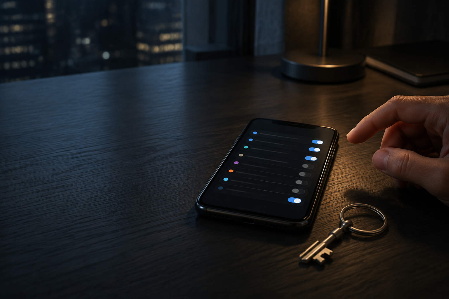 An unbranded smartphone displaying abstract permission toggles beside a physical key on a dark desk