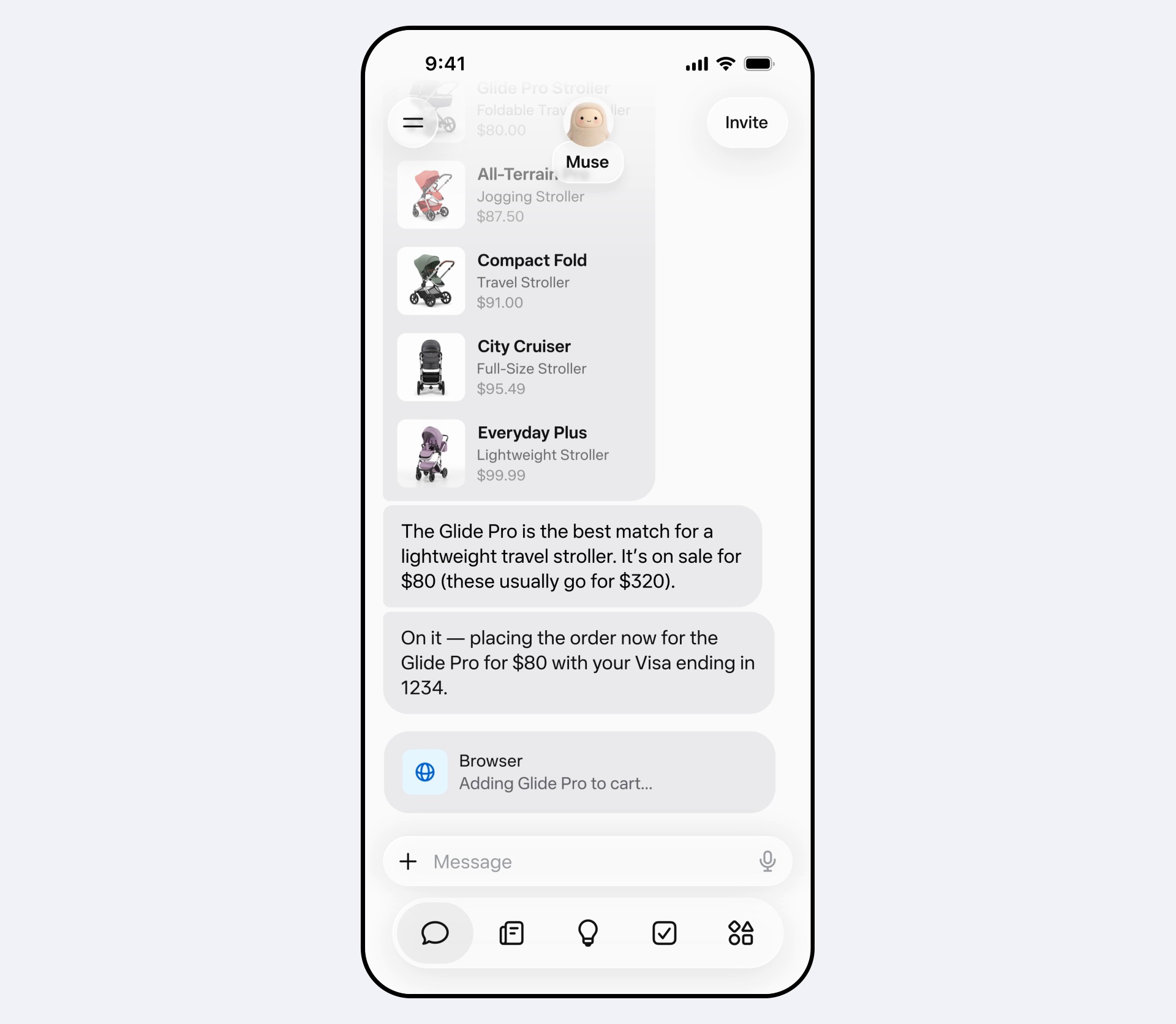 Muse app chat on a phone showing a list of strollers, Muse placing an order for the Glide Pro stroller with a saved Visa card, and a Browser step adding it to the cart
