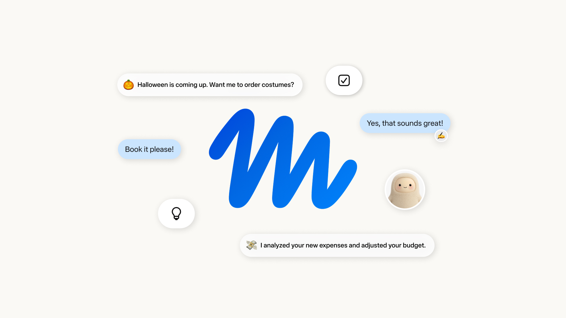 Meta's Muse launch visual: the blue Muse M logo surrounded by chat bubbles such as Halloween is coming up. Want me to order costumes? and Book it please!