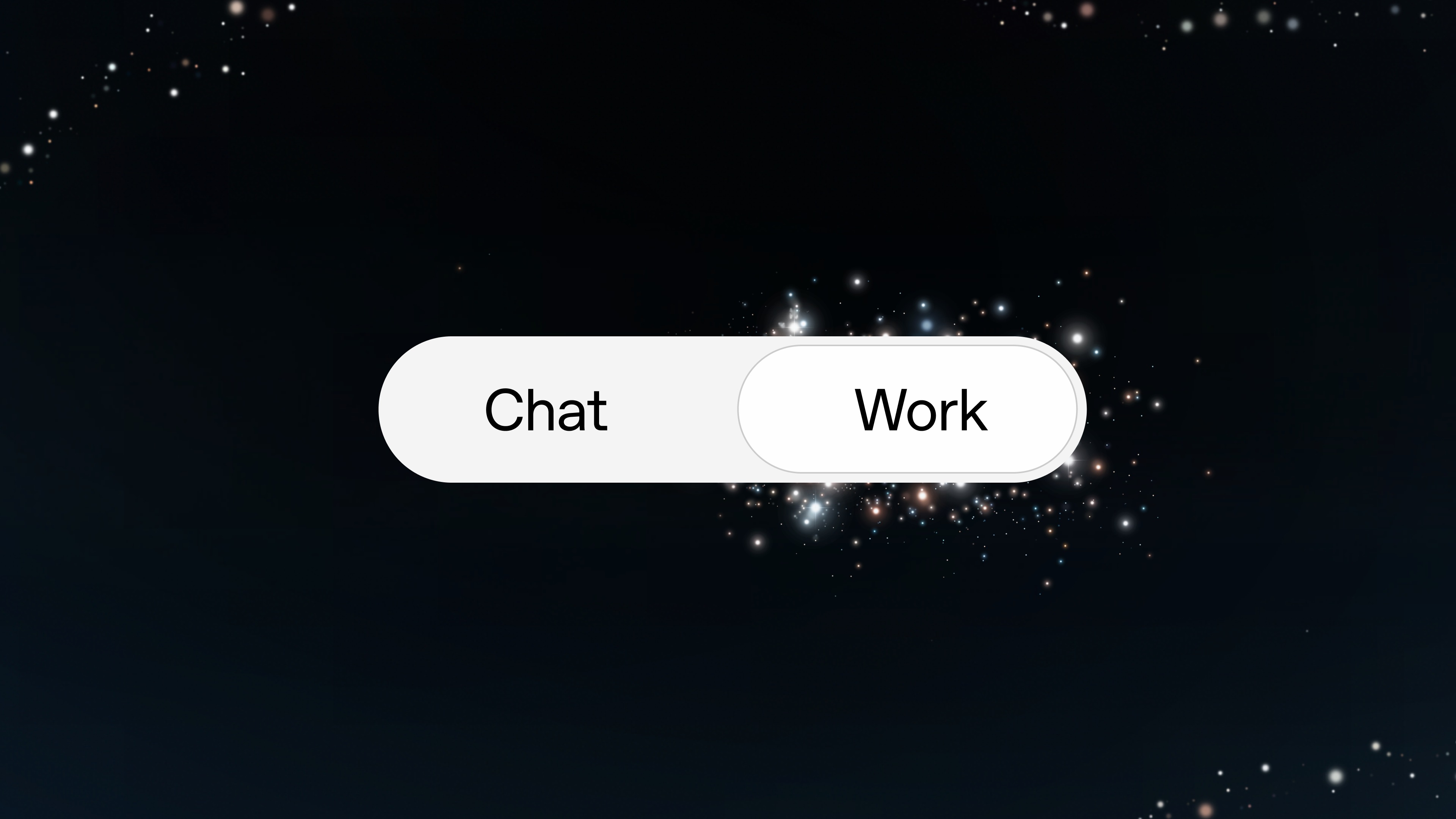 ChatGPT interface toggle showing Chat and Work modes, with Work selected, against OpenAI's dark starfield product art