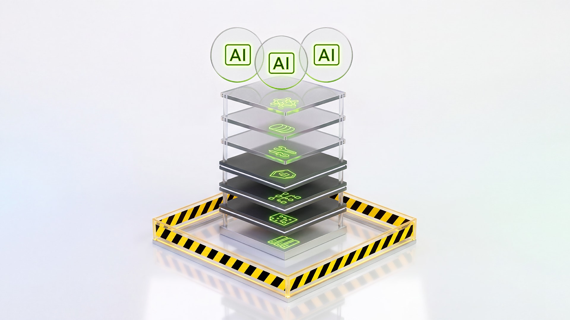 NVIDIA OpenShell key visual: AI agent bubbles above a layered tech stack inside a yellow-and-black hazard safety barrier