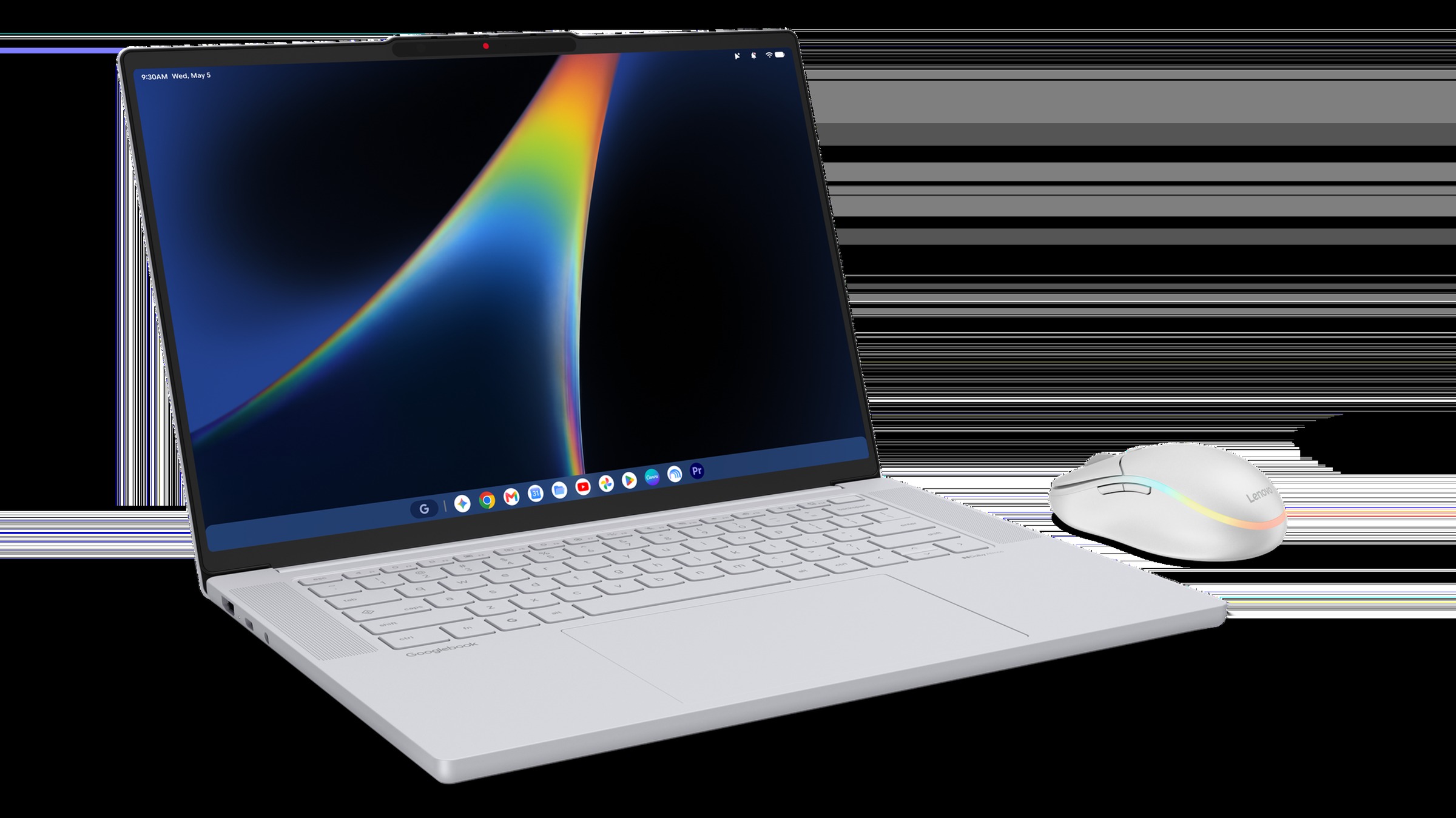 Silver-white Lenovo Googlebook 15 open on a black background beside a matching Lenovo wireless mouse, with Googlebook printed on the palm rest