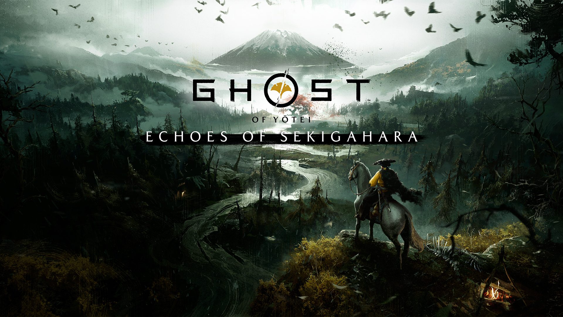 Official Ghost of Yōtei Echoes of Sekigahara key art showing a rider in a yellow coat on horseback overlooking a misty valley and snow-capped mountain