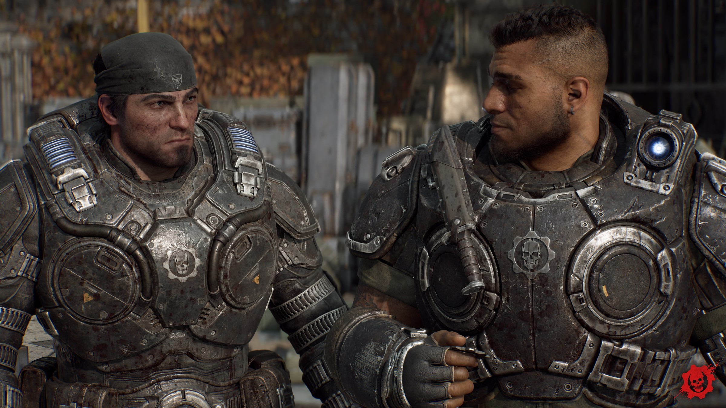 Official Gears of War: E-Day screenshot showing a close-up of Marcus Fenix in a dark bandana and armour beside Dom Santiago against a blurred autumn background