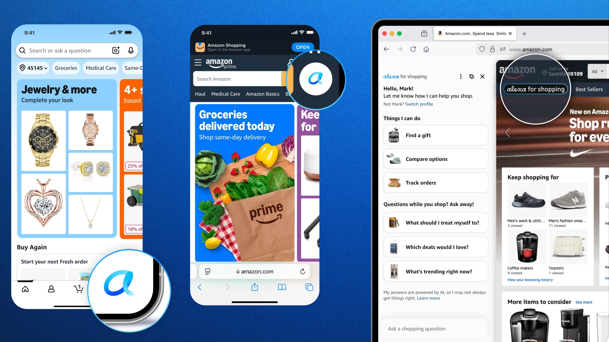 Official Amazon image of the Amazon shopping app on two phones and amazon.com in a desktop browser, with the Alexa for Shopping assistant panel open on the desktop showing options like Find a gift, Compare options and Track orders