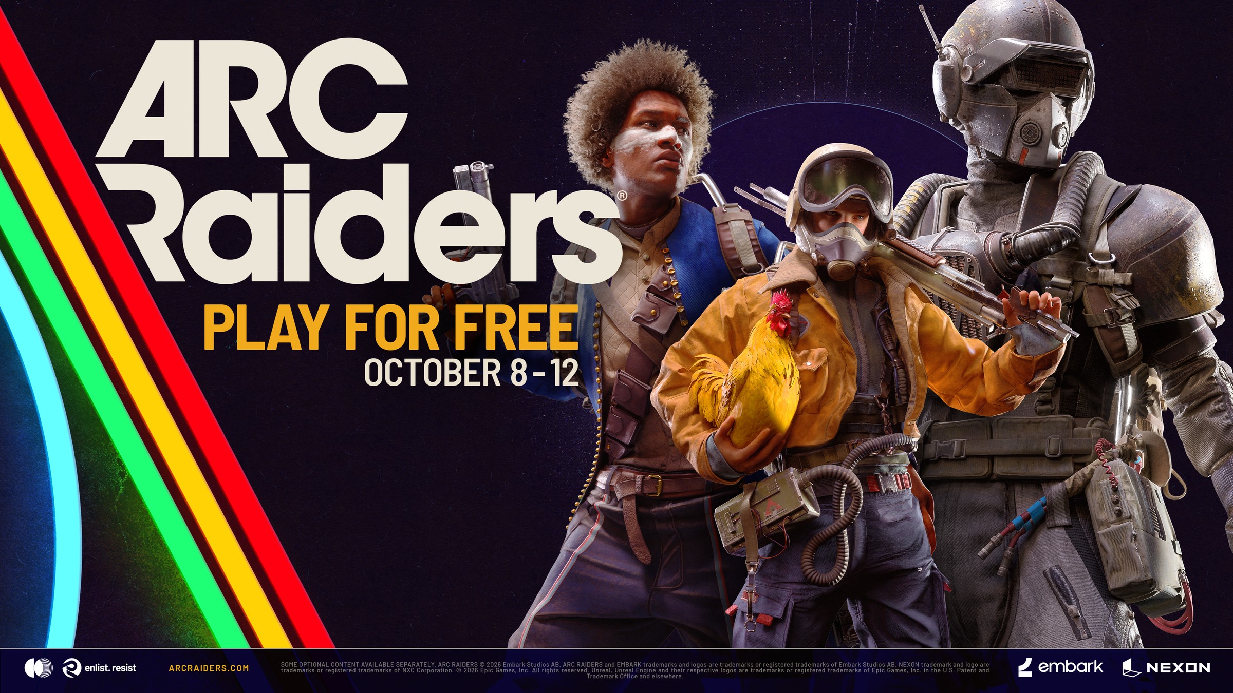 Official ARC Raiders key art with the white ARC Raiders logo and yellow text reading Play for free, October 8-12, next to three armed Raider characters, one holding a chicken, beside red, yellow, green and blue diagonal stripes on a dark background