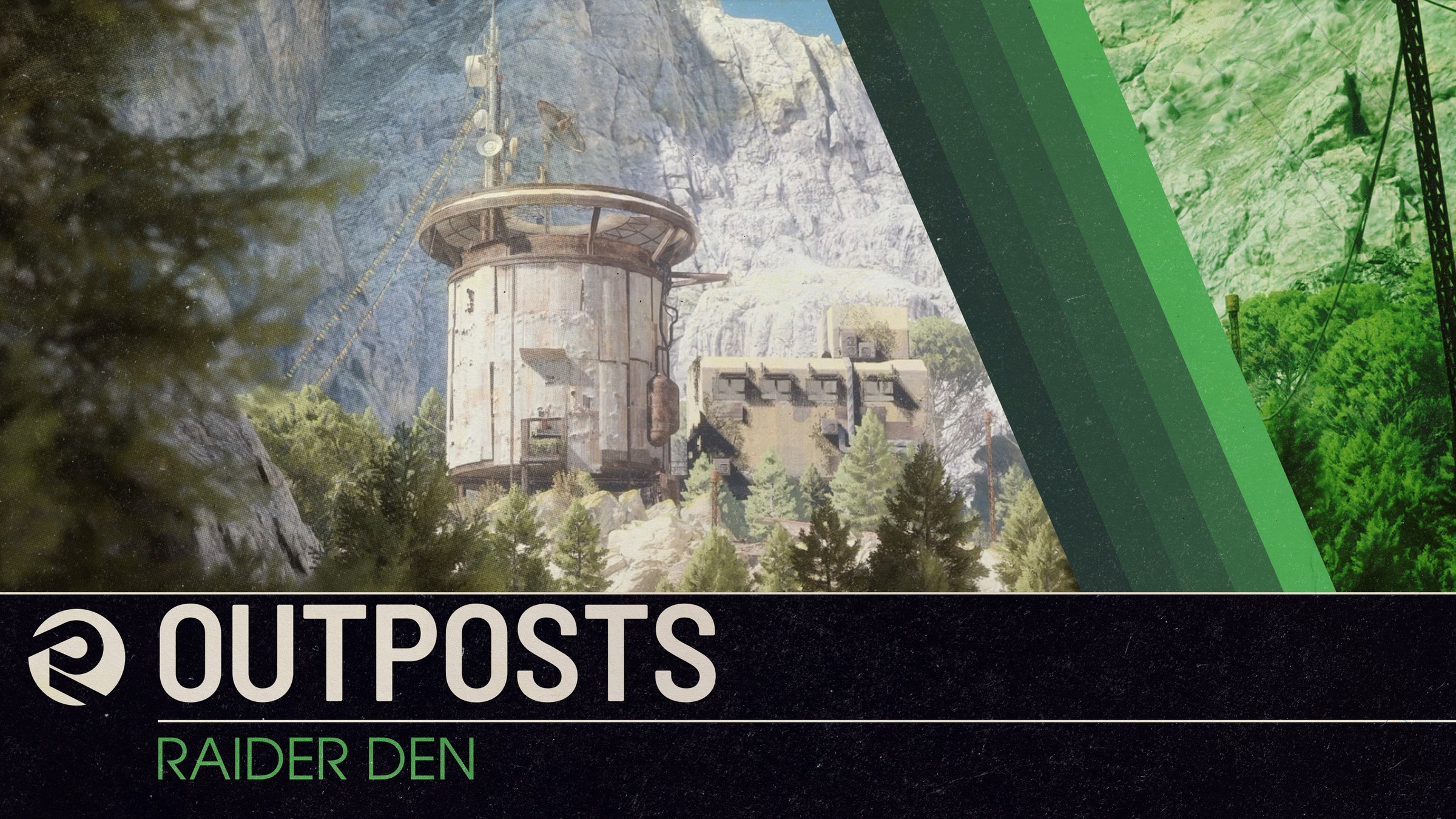 Official ARC Raiders reveal art of a round concrete outpost tower on a forested mountainside beside a green diagonal stripe, with a caption bar reading Outposts, Raider Den