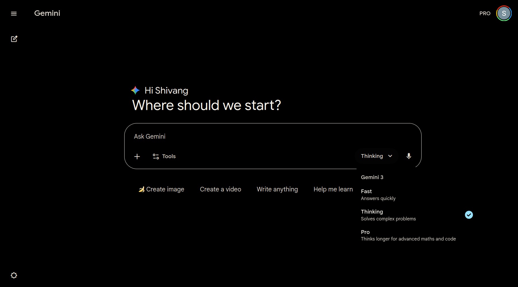The Gemini web app in dark mode with the model menu open under the Ask Gemini box, listing Fast, Answers quickly; Thinking, Solves complex problems, ticked; and Pro, Thinks longer for advanced maths and code