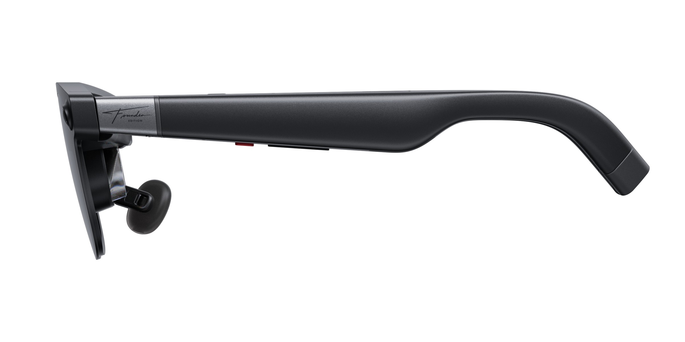 Side view of the black XREAL AURA Founder Edition glasses frame on a white background, with a silver hinge bearing a Founder Edition signature, a small red marker and an adjustable nose pad