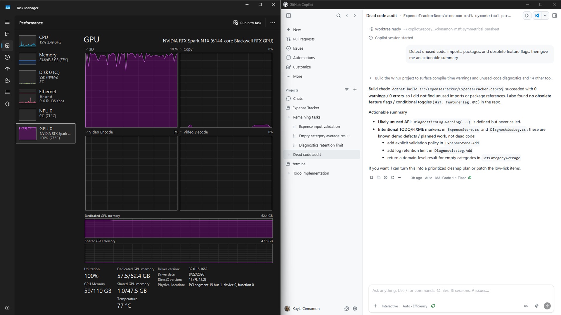 Windows Task Manager showing an NVIDIA RTX Spark N1X graphics chip at 100% use and 57.5GB of 62.4GB GPU memory, next to the GitHub Copilot app finishing a dead code audit with the MAI Code 1.1 Flash model
