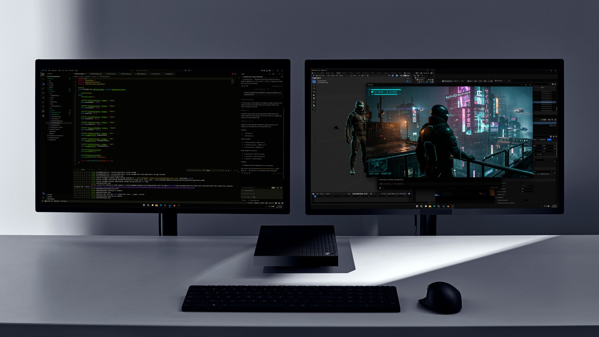Surface RTX Spark Dev Box sitting on a white desk between two monitors, one showing code and the other a 3D scene of two armored figures in a neon city, with a black keyboard and mouse in front