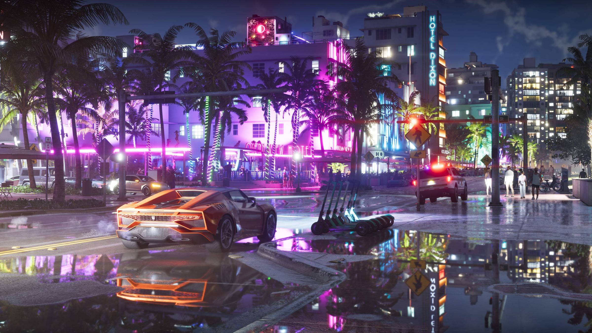 Grand Theft Auto VI in-game image of an orange sports car parked on a wet street at night, reflecting pink and purple neon lights from a busy Vice City bar