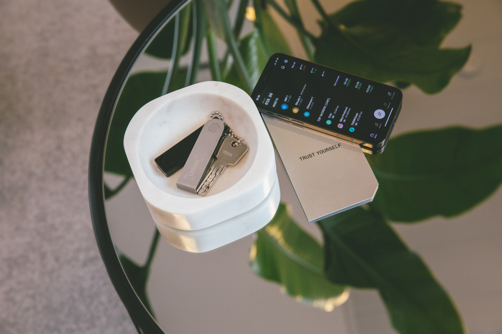 Official Ledger photo of a silver and black Ledger Nano X on a keyring with a house key in a white marble dish, next to a smartphone showing the Ledger app's list of crypto assets and a card that reads Trust Yourself