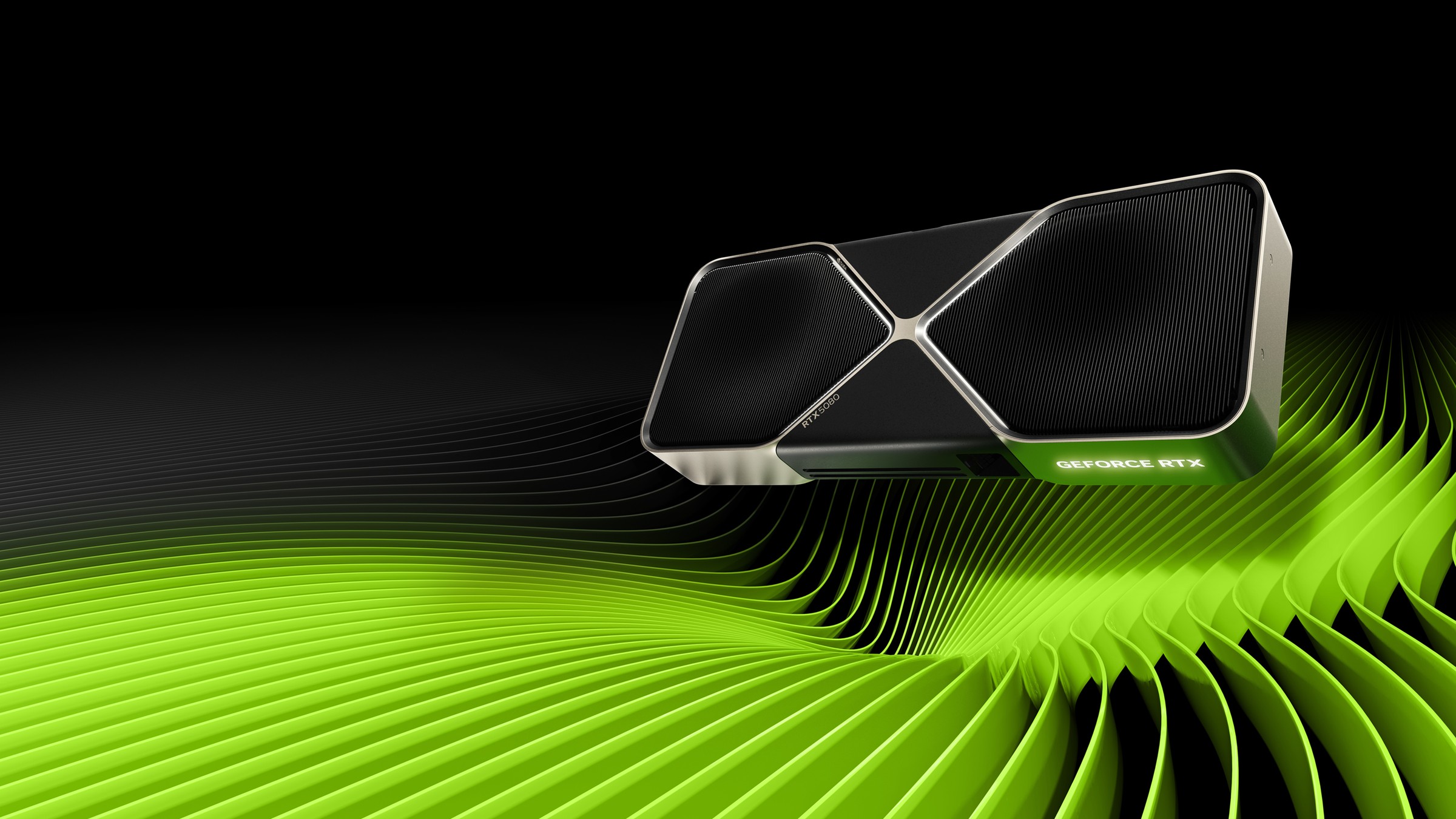 Official NVIDIA render of the GeForce RTX 5080 Founders Edition graphics card, a dark grey card with a silver X-shaped frame, two fans and a glowing GeForce RTX logo, floating above green wave shapes on a black background