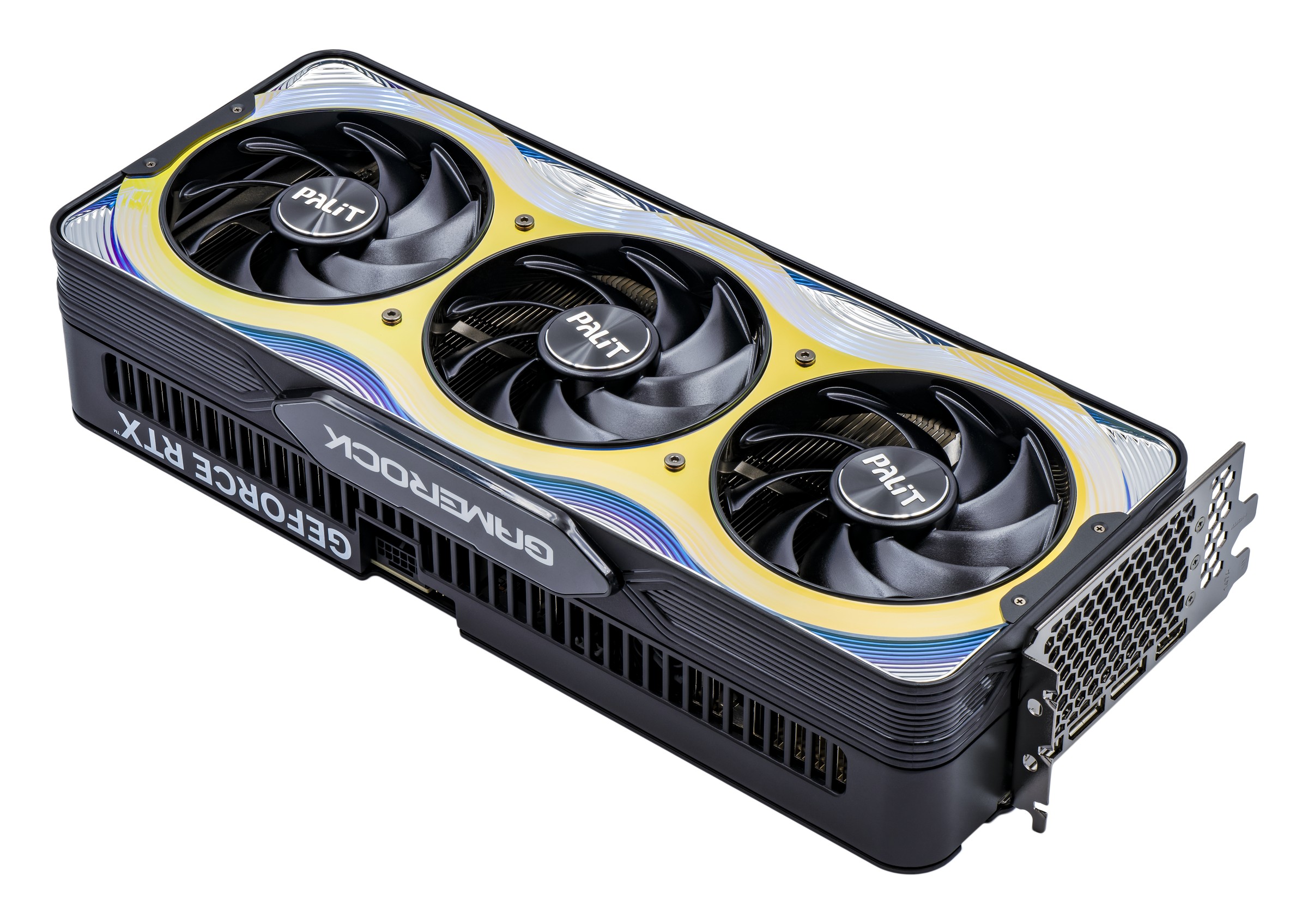Palit GeForce RTX 5090 GameRock graphics card with three black fans, a gold and iridescent shroud and a GeForce RTX logo on its side, photographed on a white background