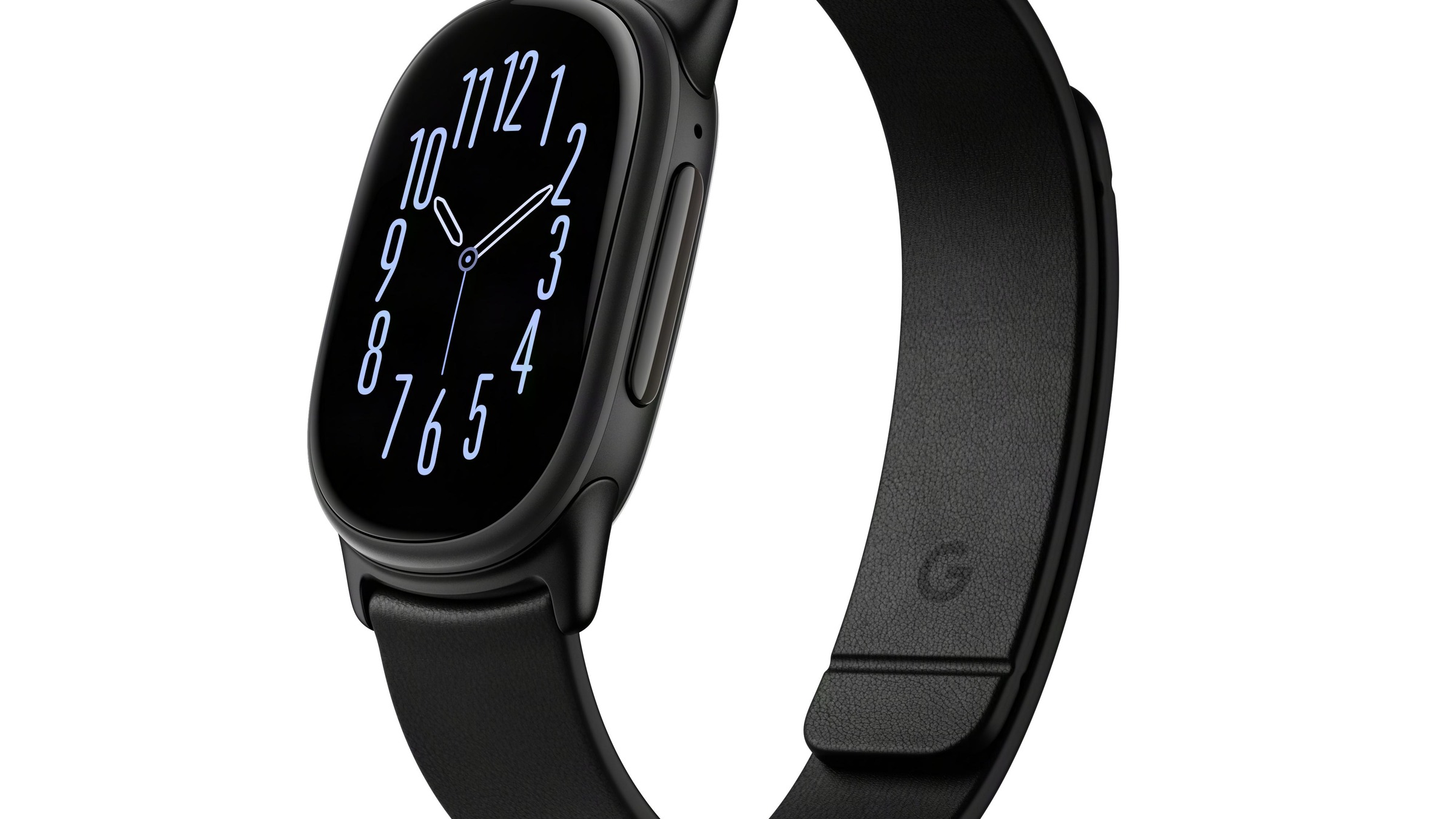 Official Google press render of the Fitbit Edge fitness tracker in Obsidian matte black with a black Magnet Band, tall pill-shaped OLED screen showing an analog clock face and a side button, on a white background