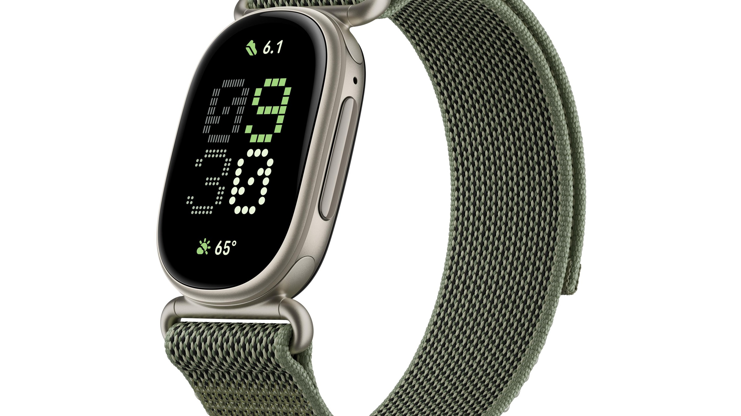 Official Google press render of the Fitbit Edge in Olive satin pyrite with a sage-green Performance Loop woven band, digital clock face reading 09:38 with step and weather complications, on a white background
