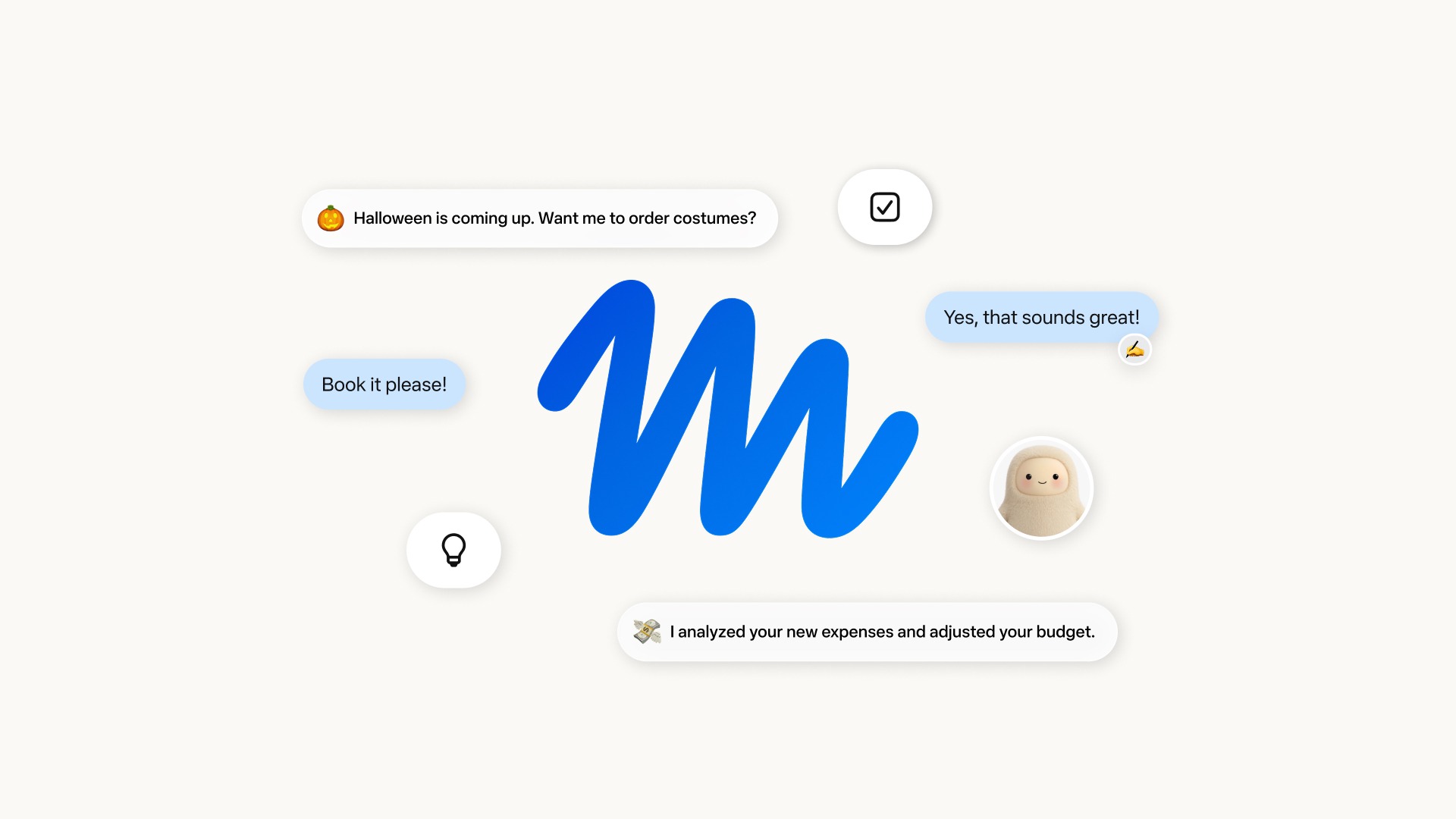 Official Meta launch graphic for the Muse personal AI agent: a large blue cursive M logo surrounded by chat bubbles such as Book it please and Halloween costume order prompts, plus small UI icons on a light background