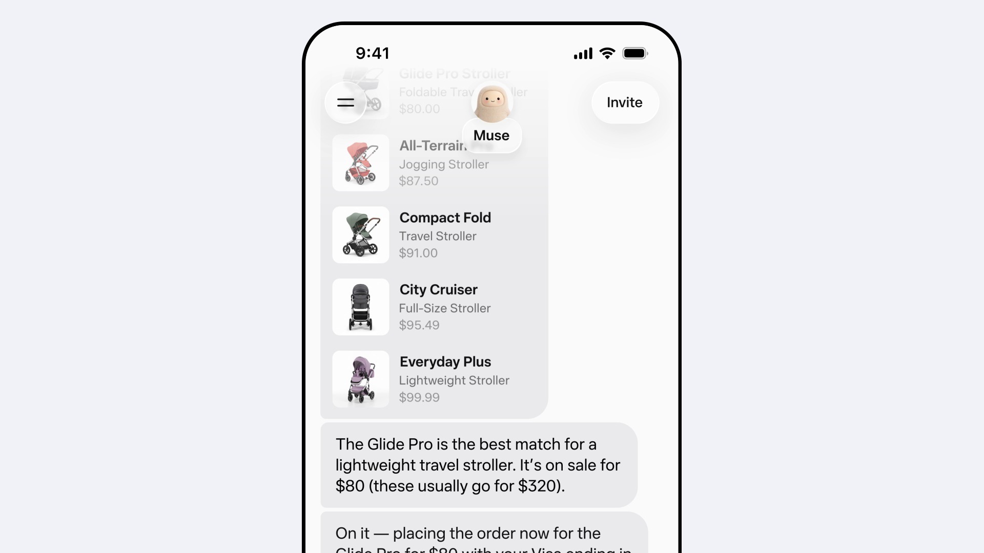 Official Meta Muse app UI demo on a phone: Muse avatar above a list of strollers with dollar prices, and chat bubbles saying the Glide Pro is the best match at $80 and that Muse is placing the order with a saved Visa