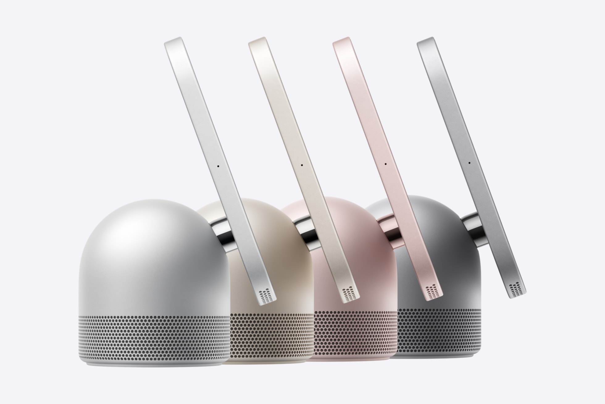 Four Apple HomeView tabletop units in silver, starlight, rose pink and space gray shown in side profile against a light background
