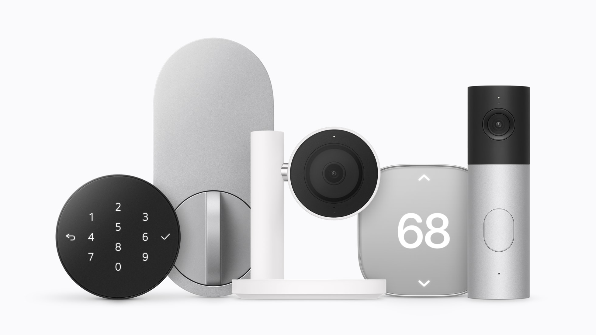 Apple Home Collection accessories in a row: keypad, smart deadbolt lock, indoor camera, thermostat showing 68, and video doorbell on a white background