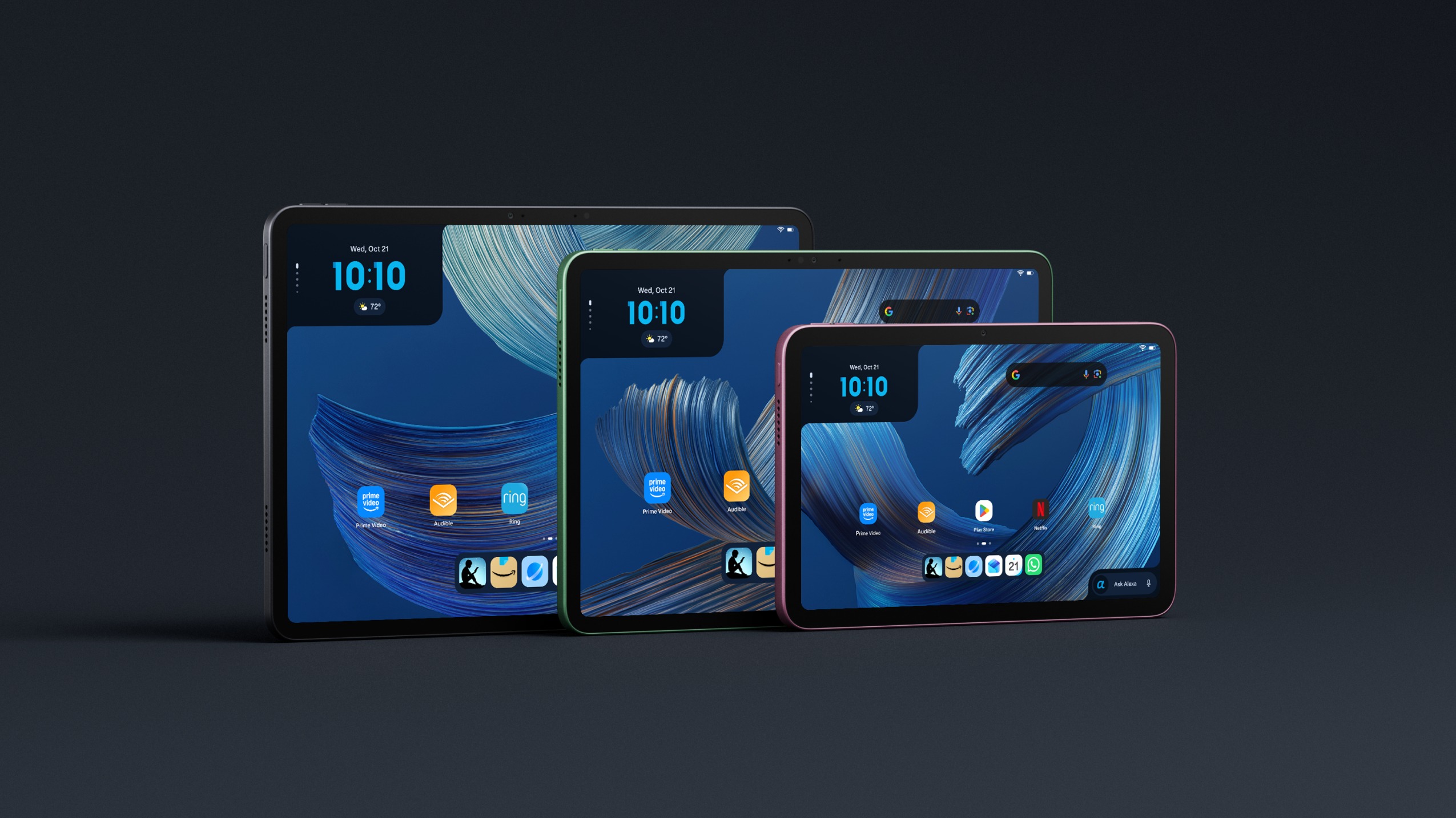 Official Amazon press render of Alexa Tablet 12 Pro, Tablet 11 in Matcha, and Tablet 8 in Rosette showing Alexa+ home screens on a dark background
