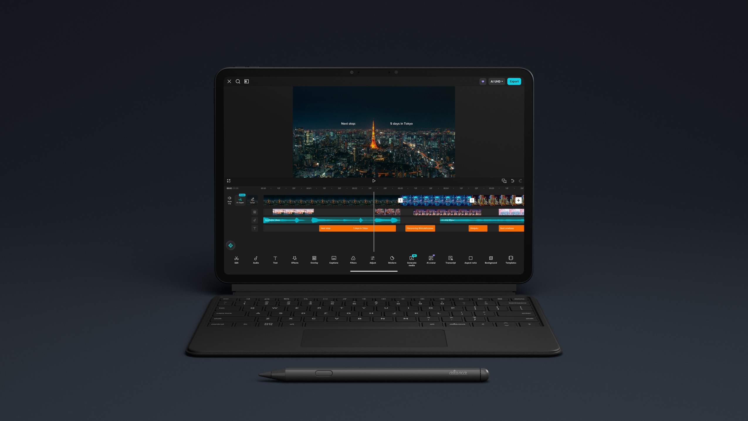 Amazon Alexa Tablet 12 Pro docked in the Pro Keyboard folio with Pro Pen resting in front, video editing app on screen