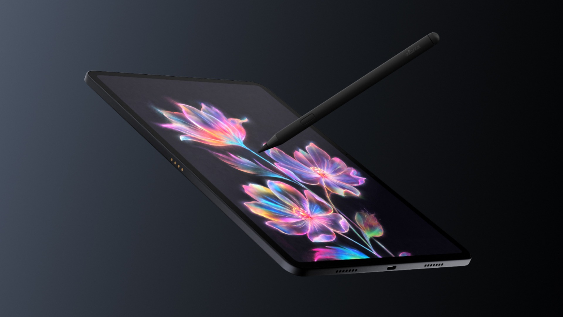 Amazon Alexa Tablet 12 Pro in Graphite with Pro Pen touching a colorful floral wallpaper on a dark studio background