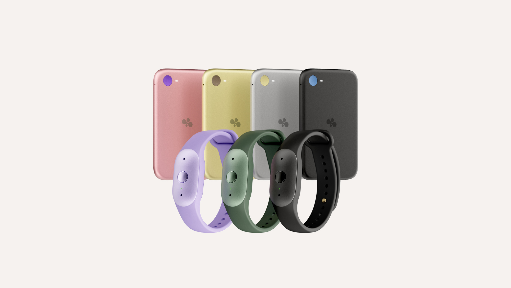 Official Amazon press render of Bee Frontier wearables in Lavender, Sage, and Onyx with Bee Eclipse magnetic phone attachments in Blush, Honey, Silver, and Midnight