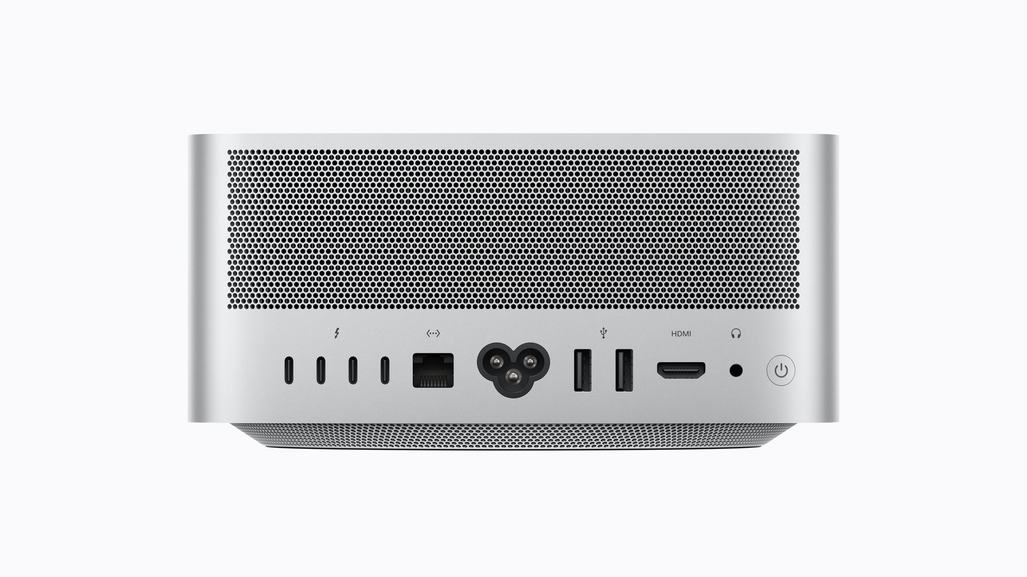 Official Apple press photo of the back of the Mac Studio showing four Thunderbolt 5 ports, Ethernet, power, two USB-A ports, HDMI and a headphone jack