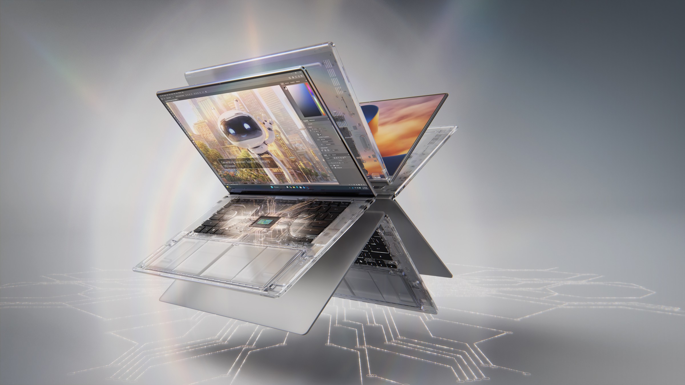 Official NVIDIA RTX Spark key visual showing several silver laptops fanned open with a transparent chassis revealing the RTX Spark chip and a creative app on screen
