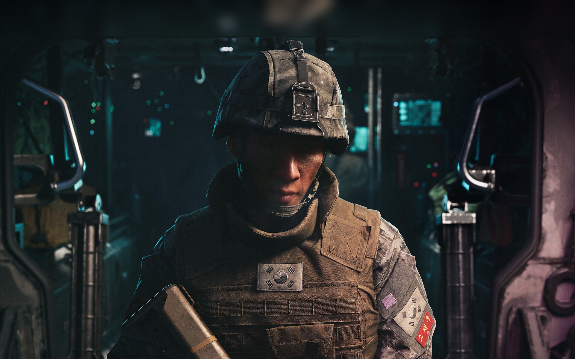 Modern Warfare 4 campaign screenshot of Private Park, a South Korean soldier in a helmet and body armour with Korean flag patches, inside a dark aircraft