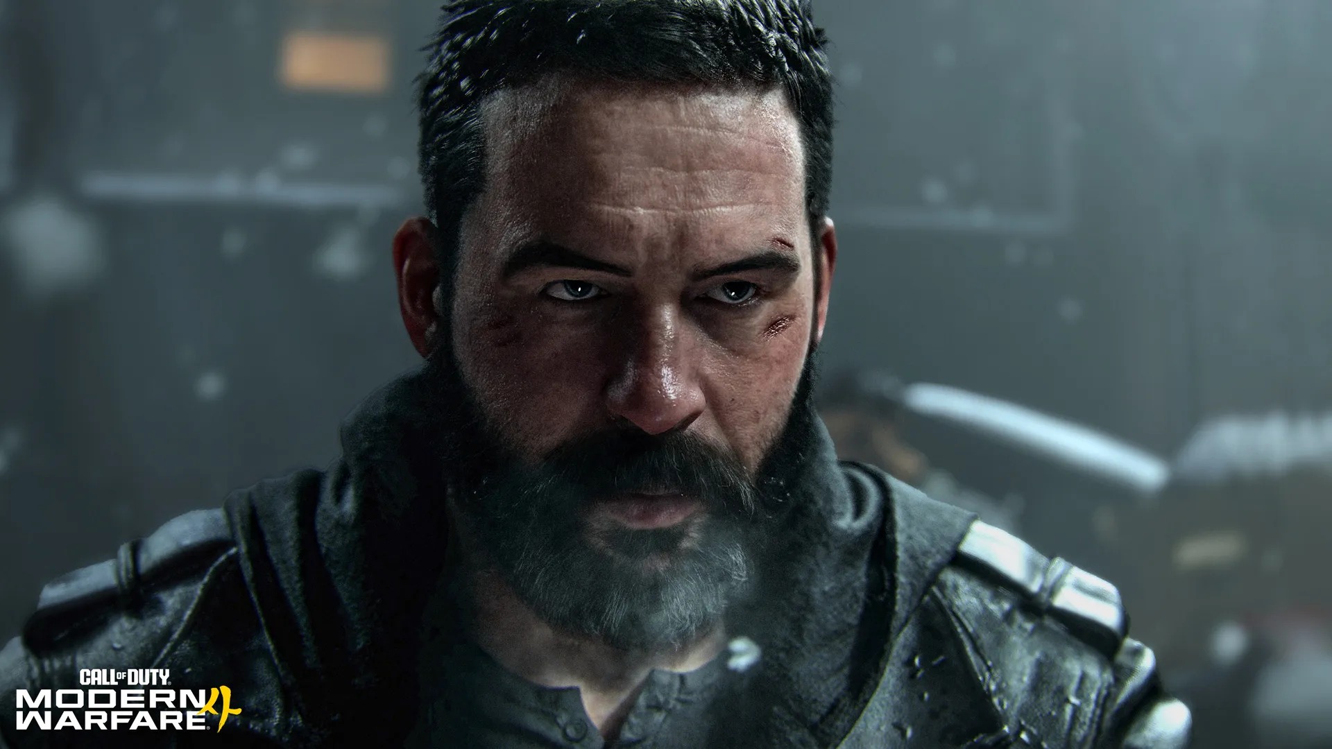 Close-up of a bearded Modern Warfare 4 campaign character in a dark jacket with the Call of Duty Modern Warfare 4 logo in the corner