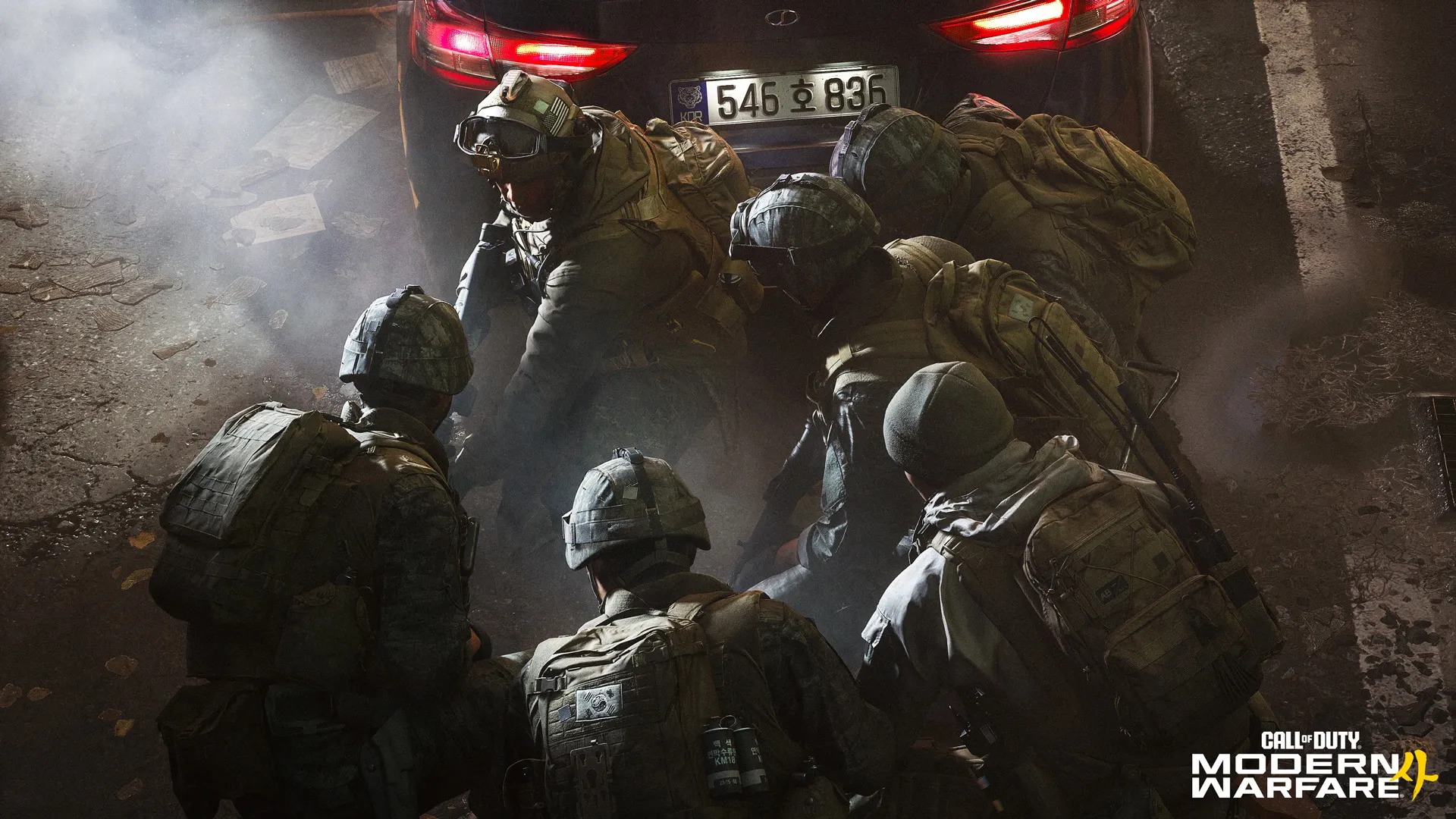 Modern Warfare 4 screenshot of a South Korean squad in helmets and backpacks crouched behind a car with a Korean licence plate