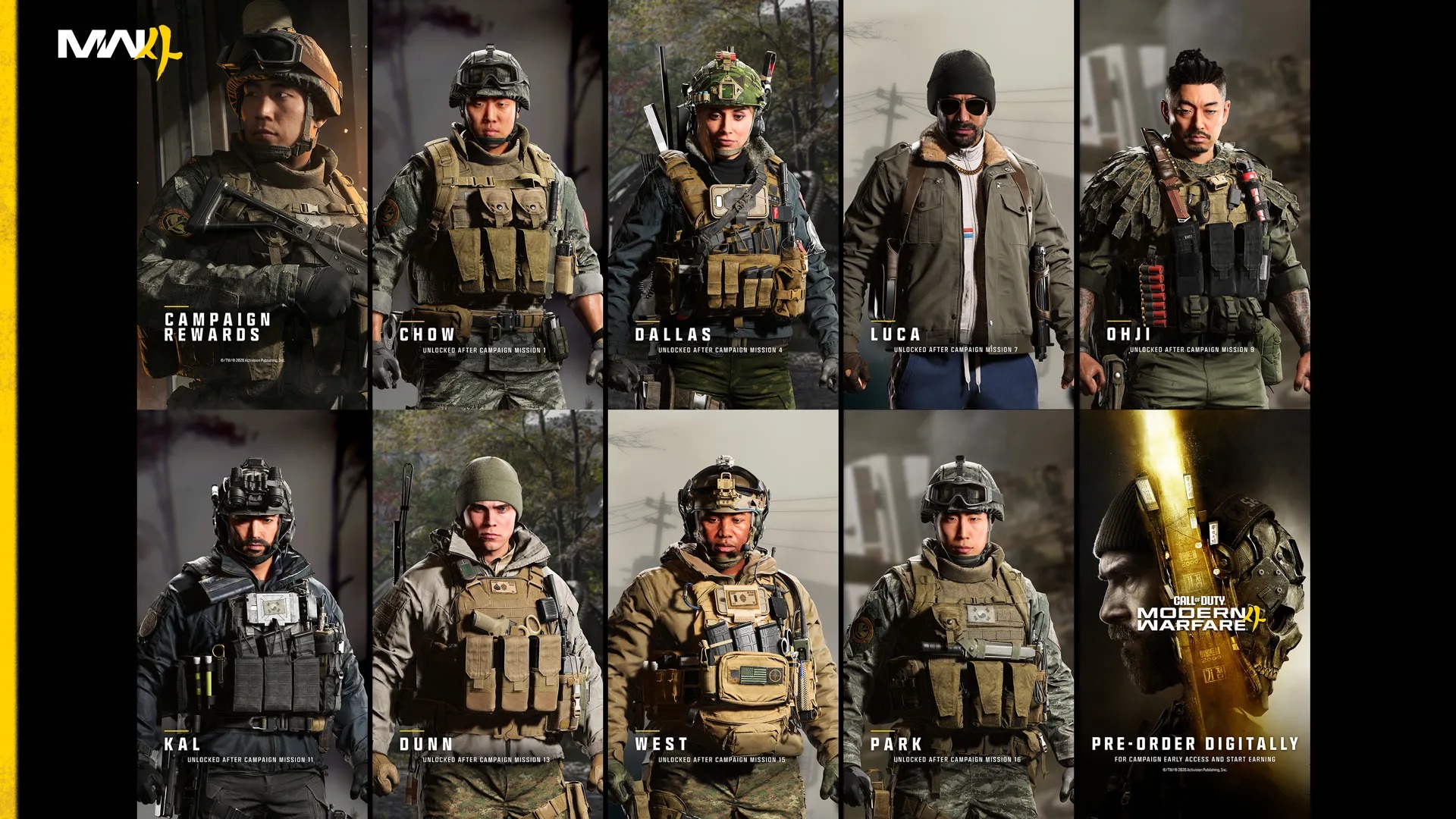 Grid of Modern Warfare 4 campaign reward operators including Cho, Dallas, Luca, Oh-Ji, Kal, Dunn, West and Park