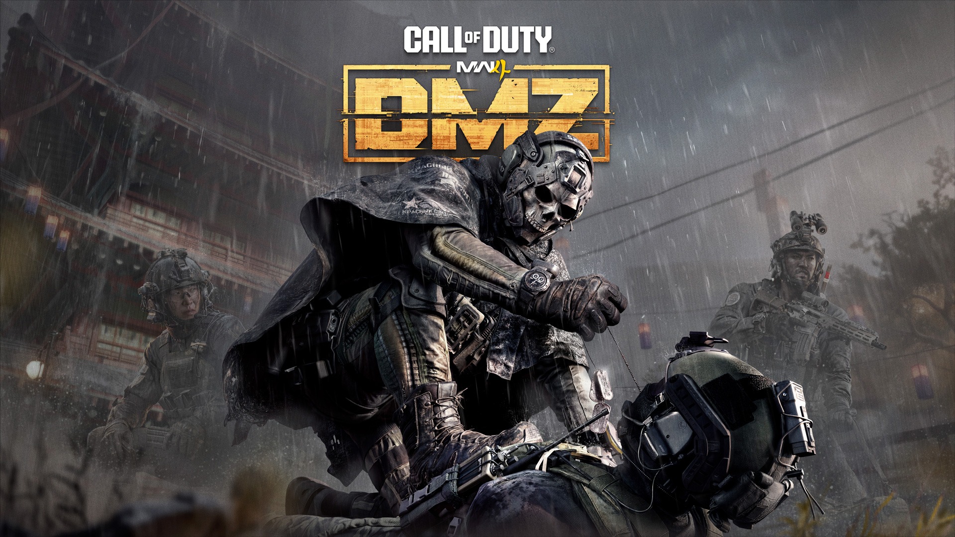 Modern Warfare 4 DMZ key art showing a soldier in a skull mask kneeling over a fallen soldier in the rain, with the Call of Duty MW4 DMZ logo