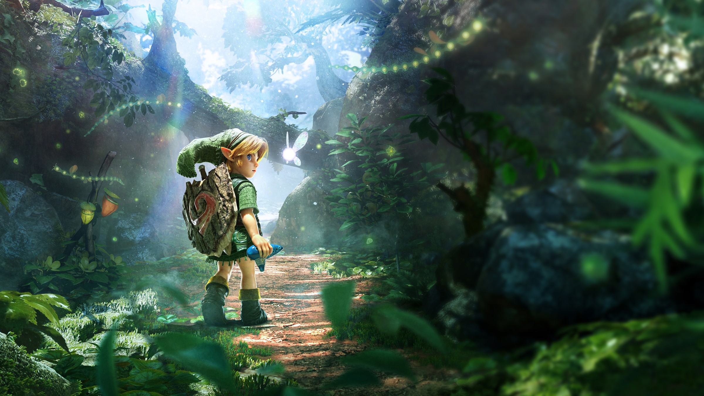 Young Link with his shield on his back and the fairy Navi beside him, looking back on a sunlit path through Kokiri Forest in the Ocarina of Time Switch 2 remake key art