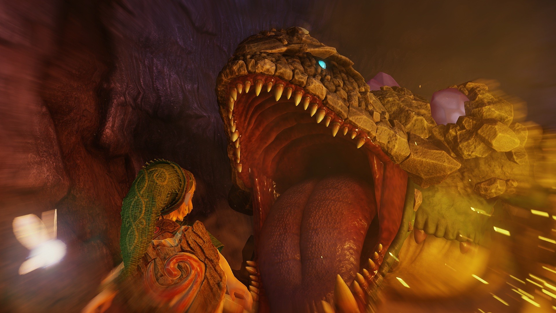 King Dodongo, a giant reptile boss with its mouth wide open, towering over Link in a lava cavern in the Ocarina of Time remake
