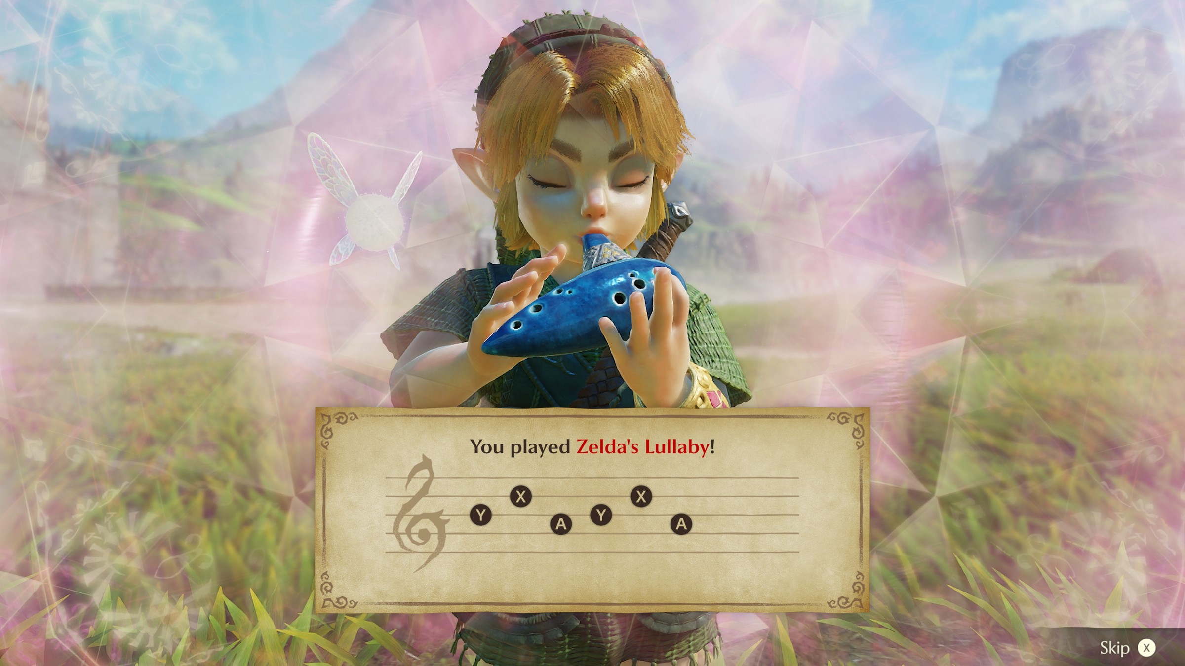 Young Link playing a blue ocarina in the Ocarina of Time Switch 2 remake, with an on-screen message reading You played Zelda's Lullaby