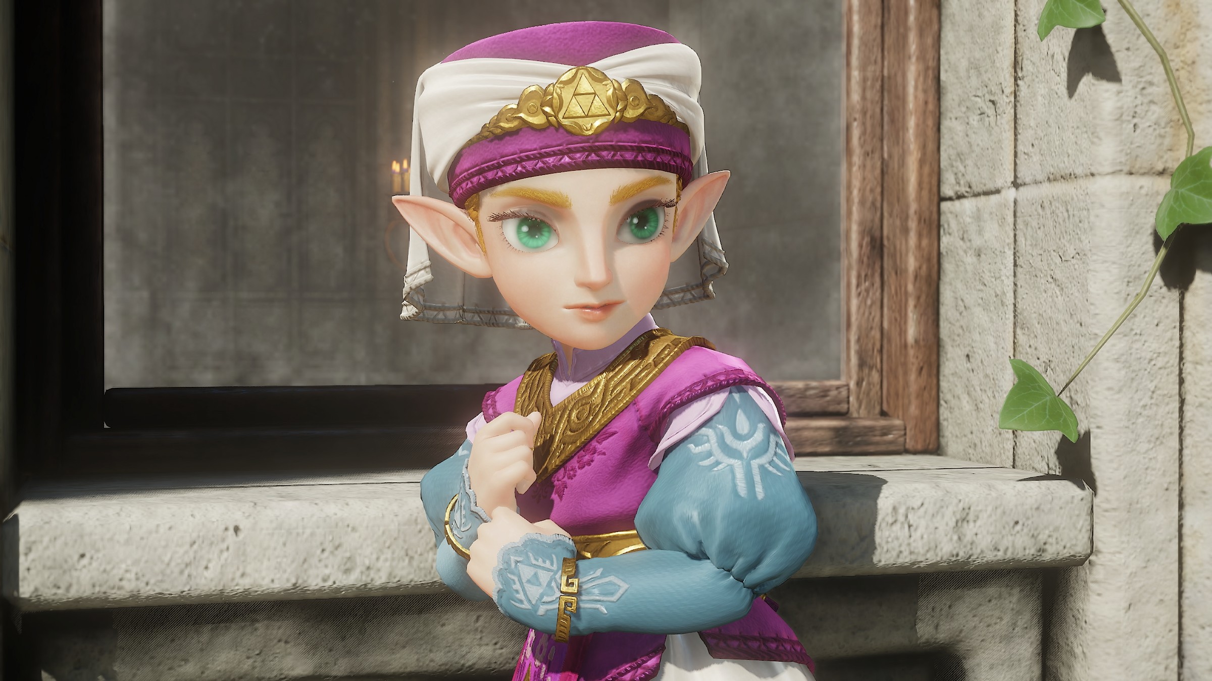 Close-up of young Princess Zelda in a pink and gold outfit looking out of a castle window in the Ocarina of Time remake
