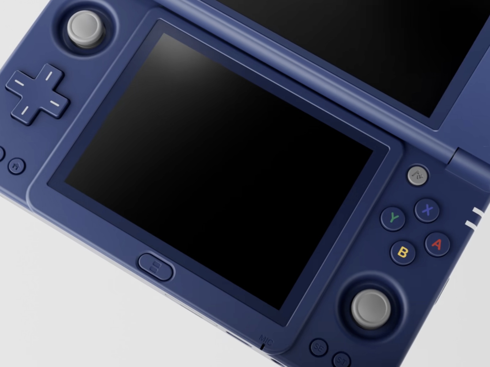 Close-up of the Anbernic RG DDS in Phantom Blue showing the 4-inch bottom touchscreen, D-pad, analog sticks, ABXY buttons and the AI button
