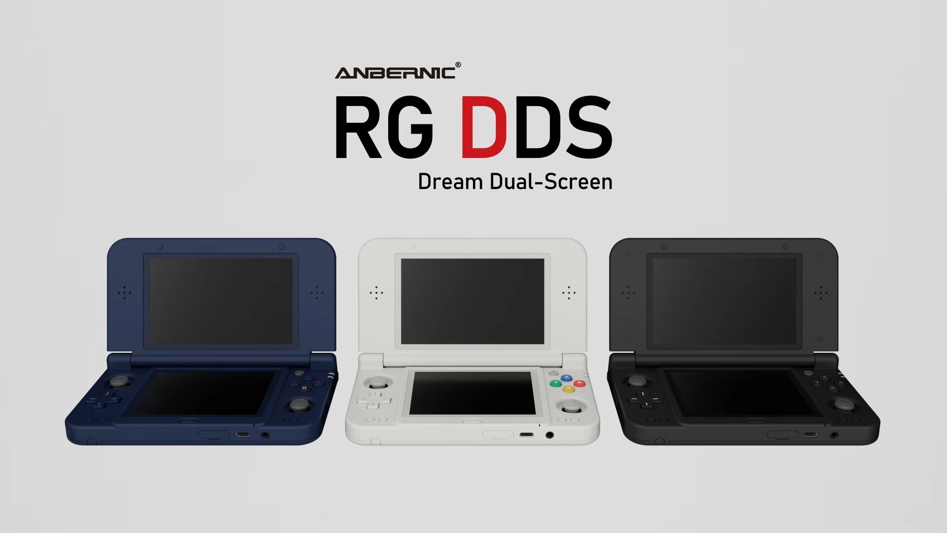 Anbernic RG DDS in Phantom Blue, Glacier White and Basalt Black, opened side by side under the RG DDS Dream Dual-Screen logo