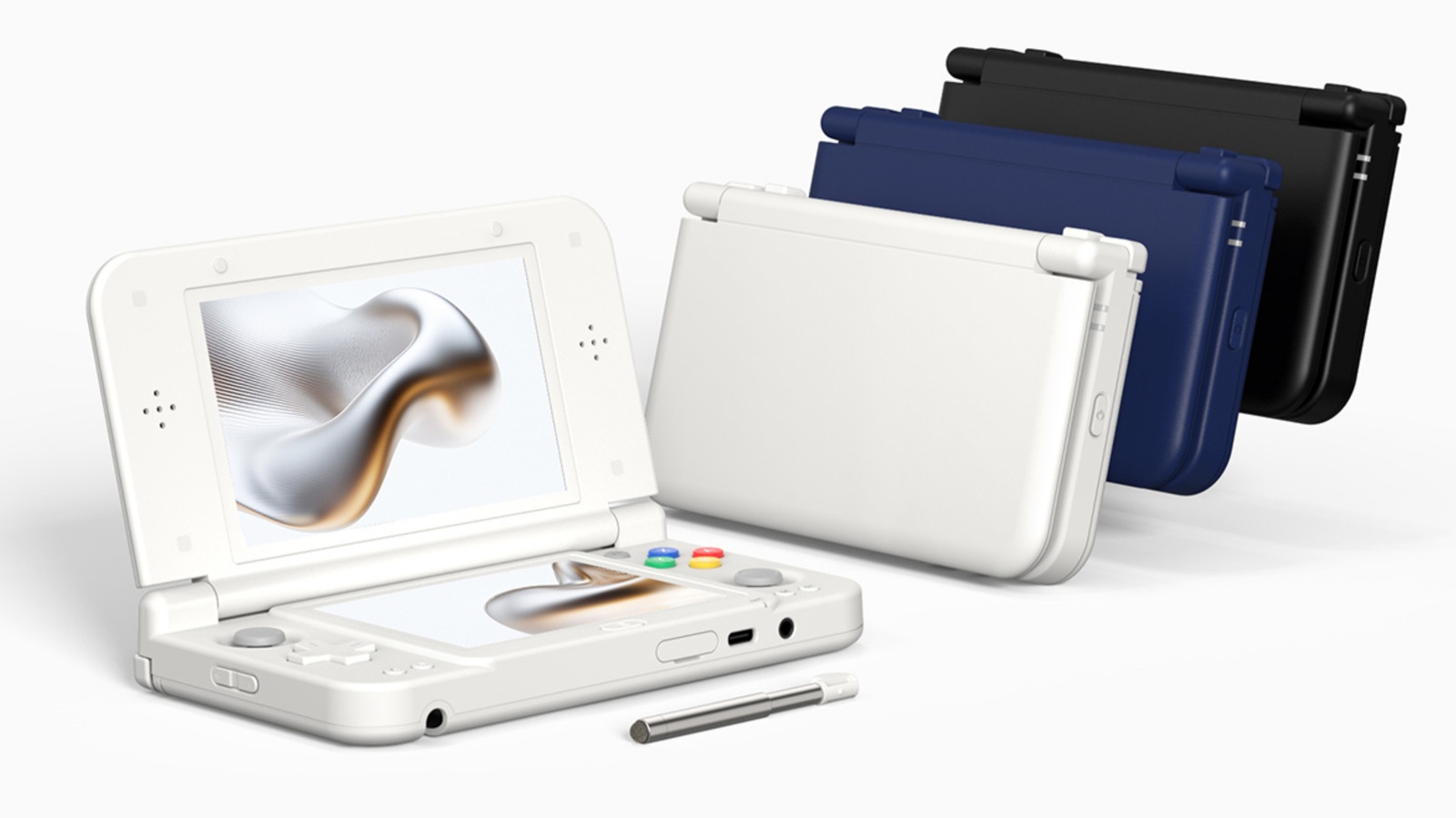 Anbernic RG DDS dual-screen handheld open in Glacier White with its stylus, with closed Glacier White, Phantom Blue and Basalt Black units behind it