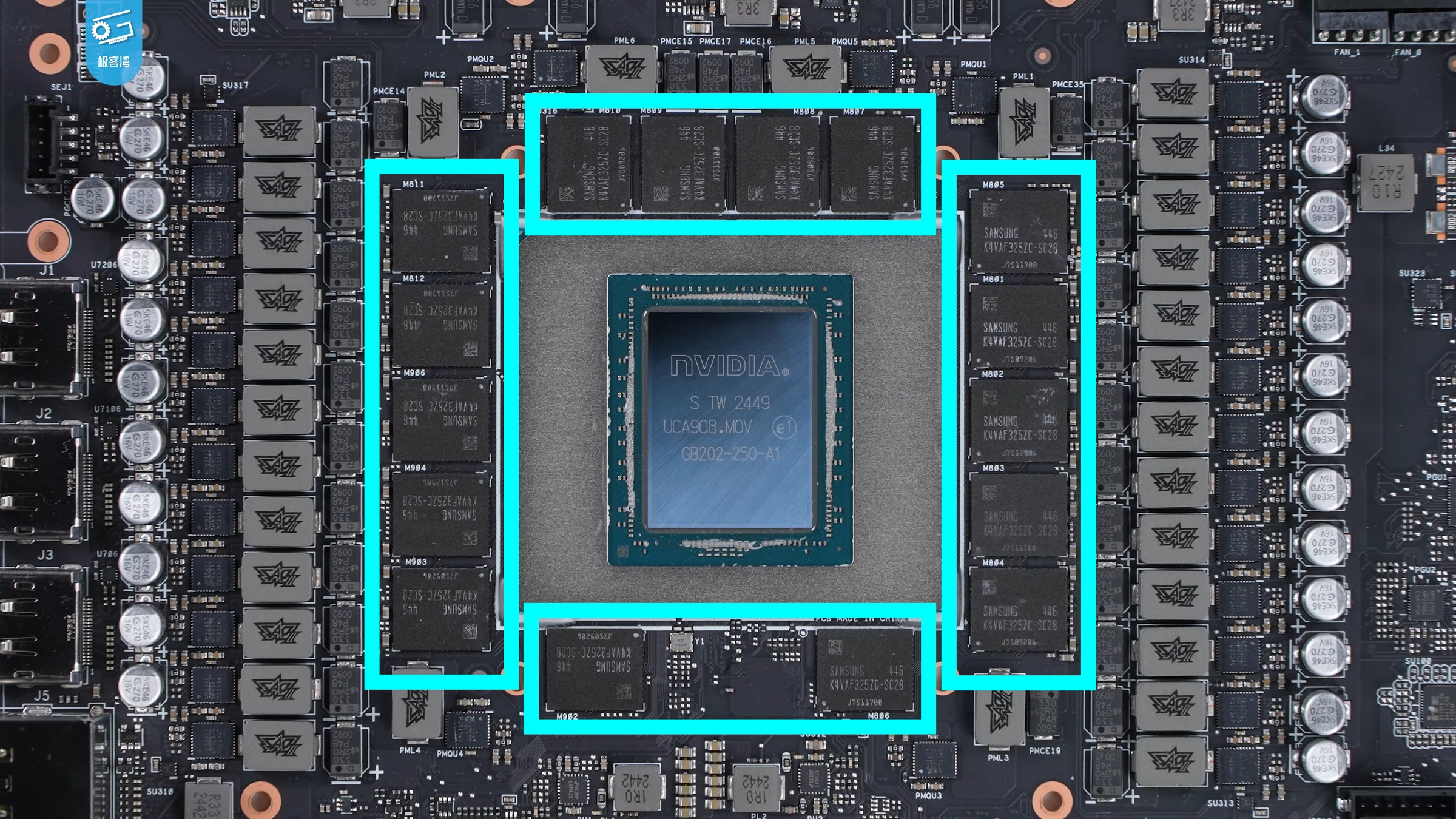 Graphics card circuit board with GDDR7 memory chips highlighted in blue boxes around a large NVIDIA graphics chip in the centre