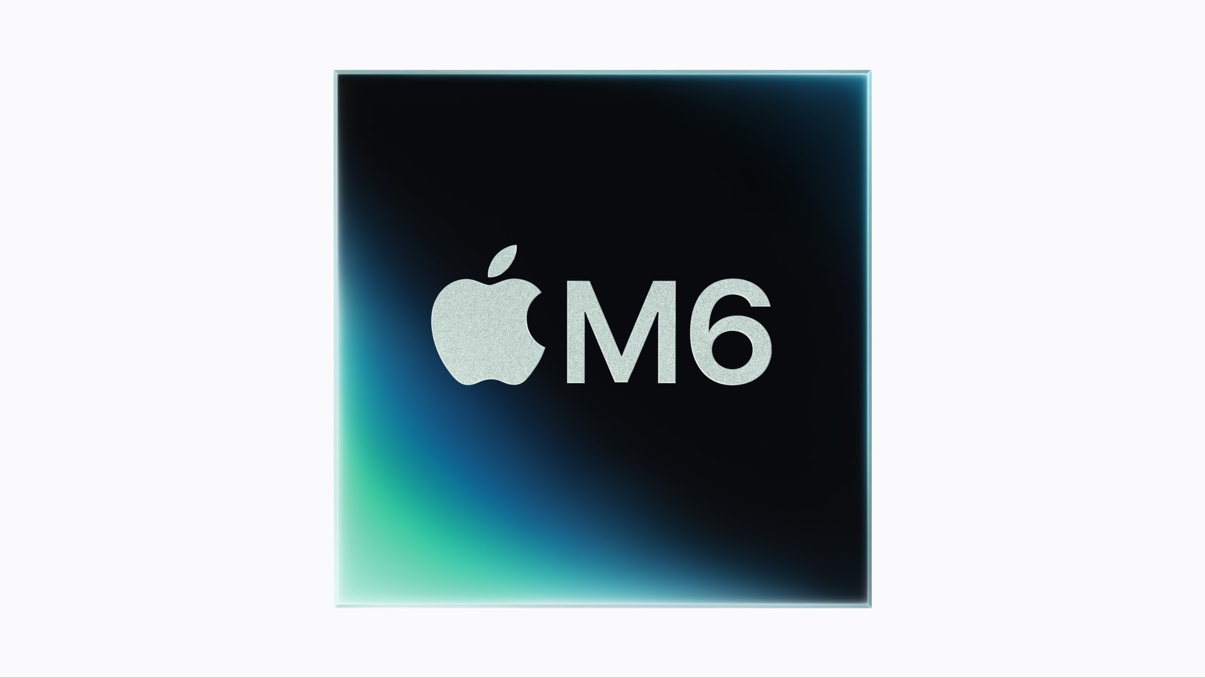 Apple M6 chip graphic: a dark square chip with a silver Apple logo and the letters M6 on a white background