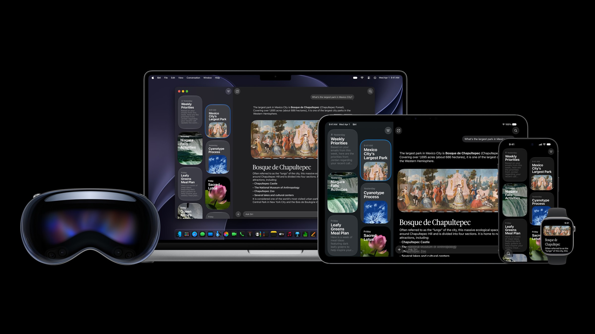 Apple Vision Pro, MacBook Pro, iPad, iPhone and Apple Watch on a black background, each showing the Siri app answering a question about Bosque de Chapultepec in Mexico City
