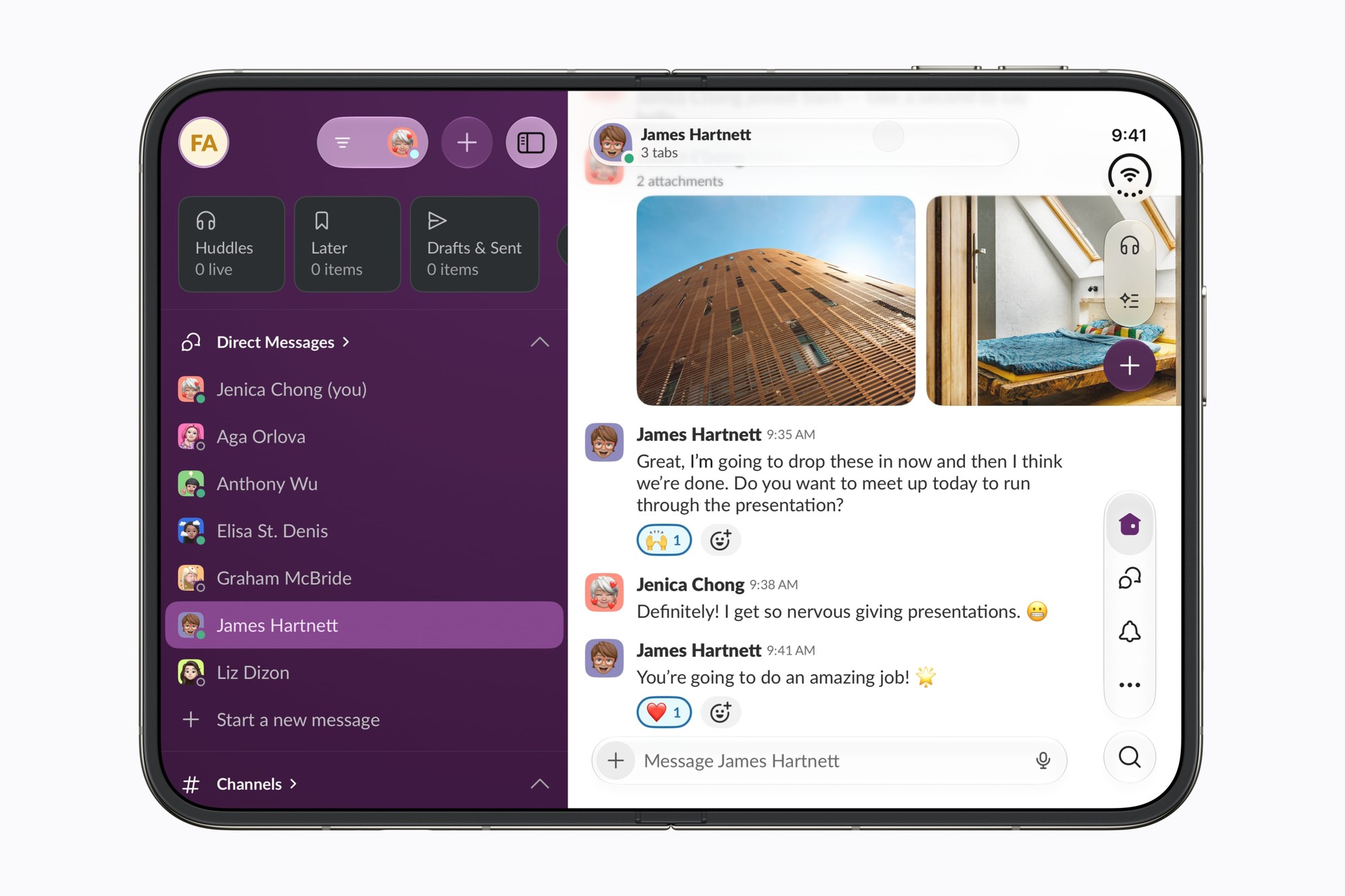 Unfolded iPhone Duo in landscape running Slack with a direct-messages list on the left and an open conversation with photos on the right